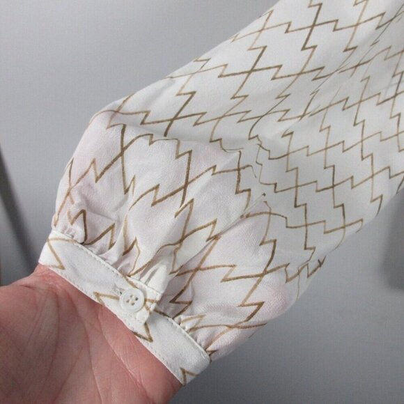 Club Monaco Printed Silk Blouse Women's Top S Button Up Popover Sleeve White 92 - Picture 9 of 11